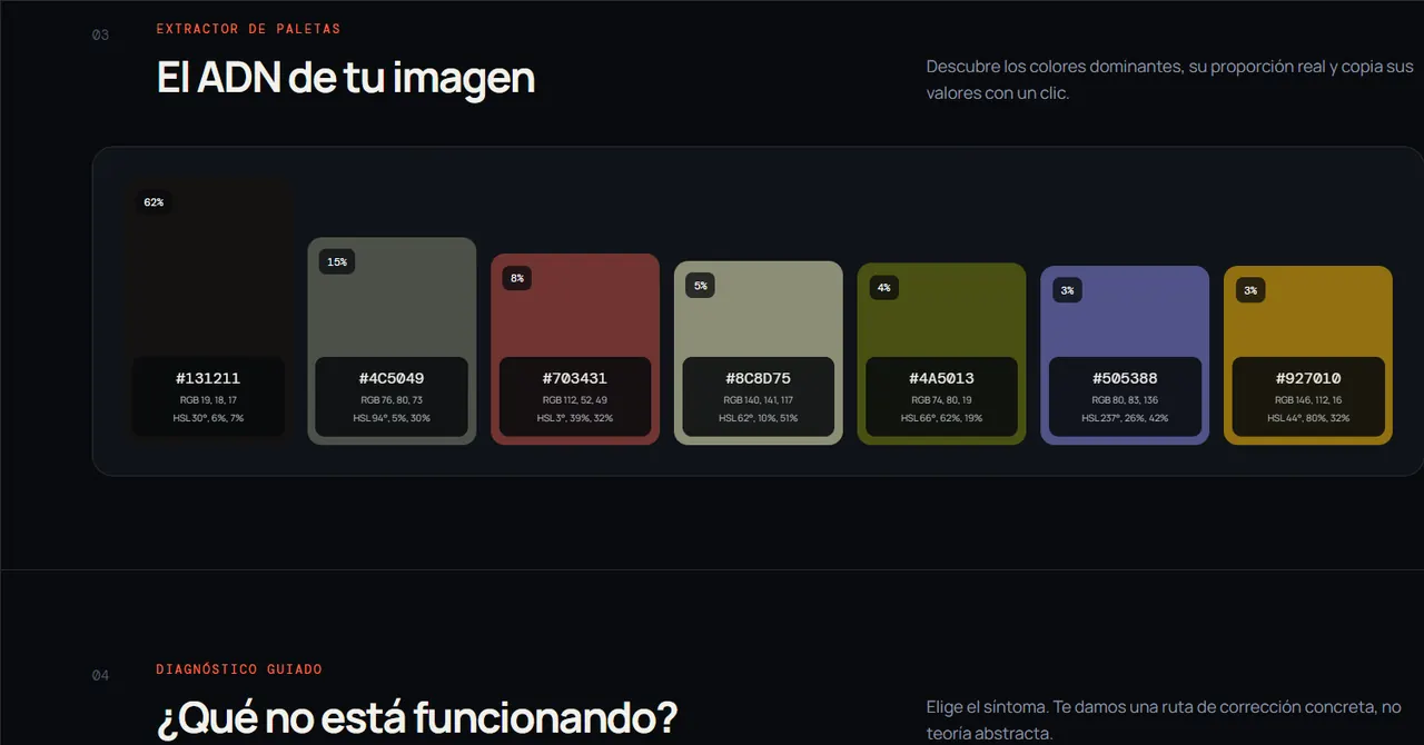 Vista real del extractor de paletas con proporciones y códigos de color